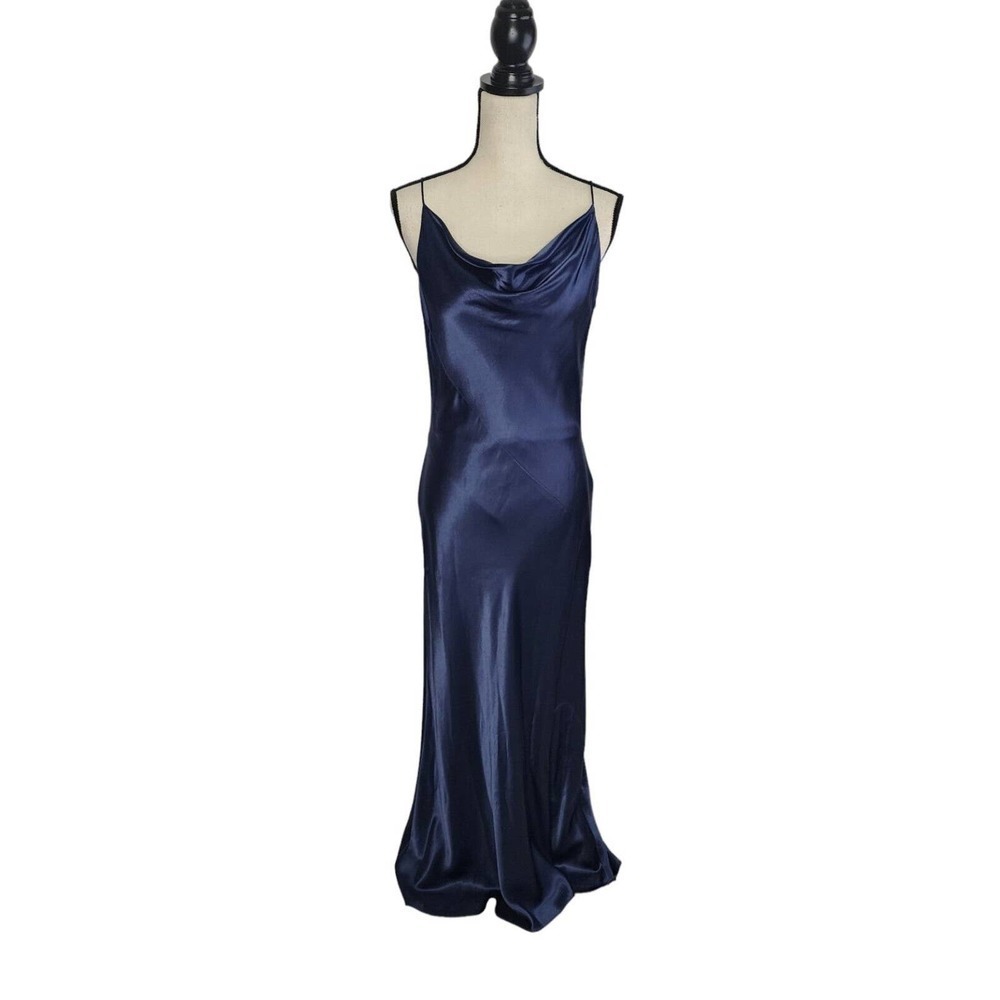 Kay Unger New York Satin Cowlneck Long Formal Slip Dress Gown Navy Size 10